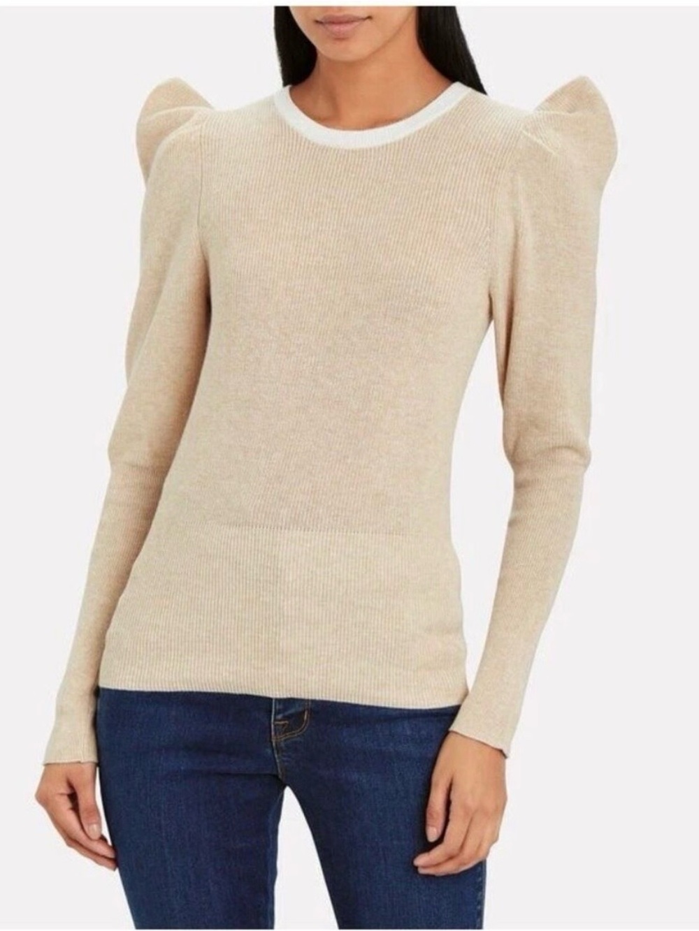 FRAME Rib Feminine Puff Sleeve Sweater Oatmeal Heather Size Small Knit Cashmere